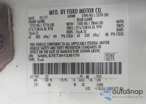 2017 Ford Transit Connect Xl z USA, uszkodzony, nr VIN NM0LS7E73H1336170